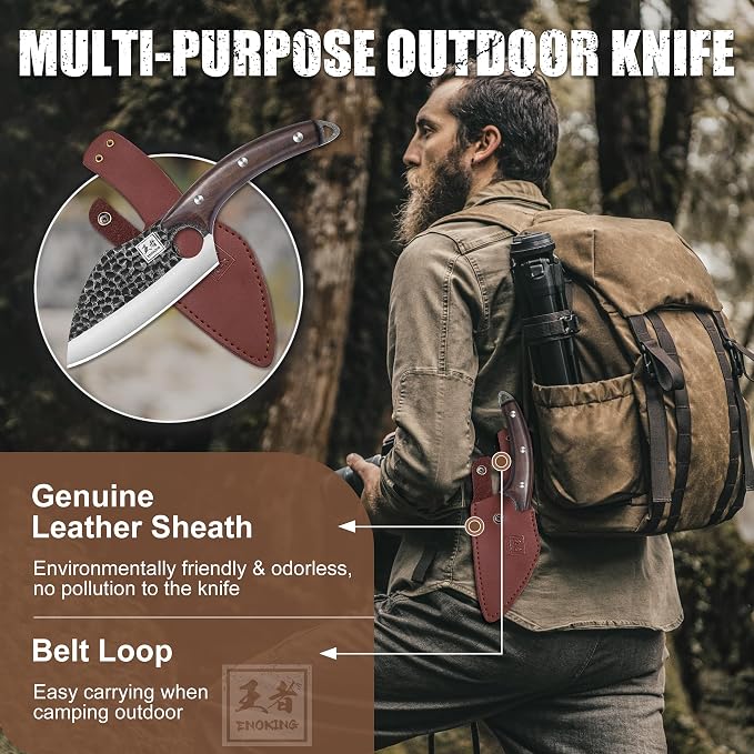 ENOKING Viking Boning Knife with Sheath, 6.1" Japanese Kitchen Knife for Meat Cutting, Hand Forged Chef Knife Meat Cleaver for Kitchen, Camping, Outdoor