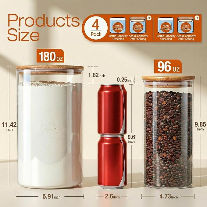 Large Glass Storage Containers with Bamboo Lids for Flour & Sugar, 4 Pack | Pantry Jars for Pasta, Rice, Sugar & Flour, Durable Borosilicate Glass Canisters Keep Food Dry & Fresh, Easy to Fill & Clean