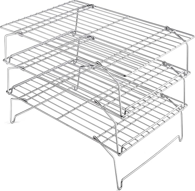 Leonyo 3-Tier 15x10IN Stackable Cooling Racks for Cooking Baking | Stainless Steel Wire Cooking Racks, Collapsible Cookies Cooling Racks for Pizza with Raised Legs, Dishwasher Safe