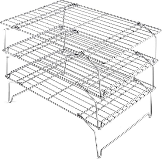 Leonyo 3-Tier 15x10IN Stackable Cooling Racks for Cooking Baking | Stainless Steel Wire Cooking Racks, Collapsible Cookies Cooling Racks for Pizza with Raised Legs, Dishwasher Safe