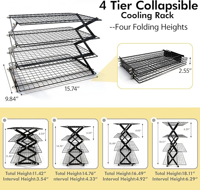 4 Tier Collapsible Cooling Rack - 3 Setting Adjustable & Stackable Stainless Steel Baking Rack, Stackable Cooling Racks for Baking, Cookies, Cakes, Roasting, Grilling, Drying, Space-Saving (Black)