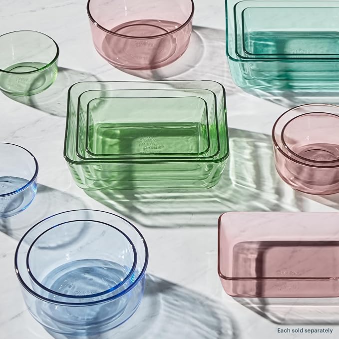 Pyrex Colors (3-Pack, Medium) Tinted Glass Round Food Storage Container Set | Meal prep containers (2, 4 & 7 cup) with snug fit plastic BPA-free lid, freezer, dishwasher, & microwave safe