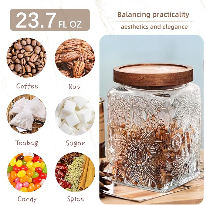 Glass Storage Jars With Airtight Lid, 23.7oz Container For Kitchen Counter with Wood Lid, brown sugar, candy, coffee, cookie, salt, tea, cute Jar (Square Sunflower*1)