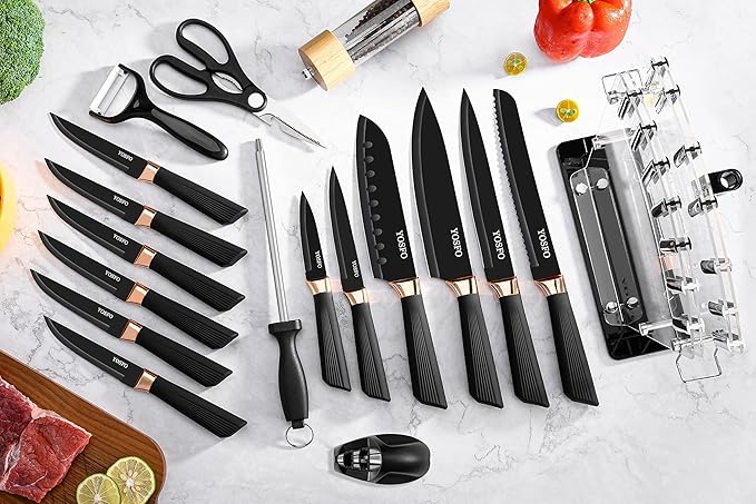Kitchen Knife Set with Block, Knives Set with Acrylic Stand, 17Pcs Stainless Steel Cutlery Knife Block Set includes Serrated Steak Knives Set, Chef Santoku Knives, Scissor, Sharpener and Holder