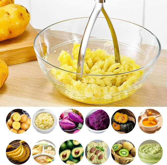 ASelected Potato Masher Stainless Steel with Long Handle Potato Masher, Kitchen Masher, Vegetable Masher, Dishwasher Safe for Mashed Potatoes, Creamy Mashed Potatoes (315 x 80 mm)