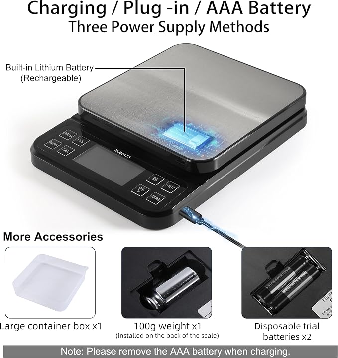 BOMATA Large Kitchen Scale 0.1g/0.001oz High Precision, 11lb Bakery Scale | % Percentage Function, USB Rechargeable, Full-View Angle LCD with Backlight, Stainless Steel Pan