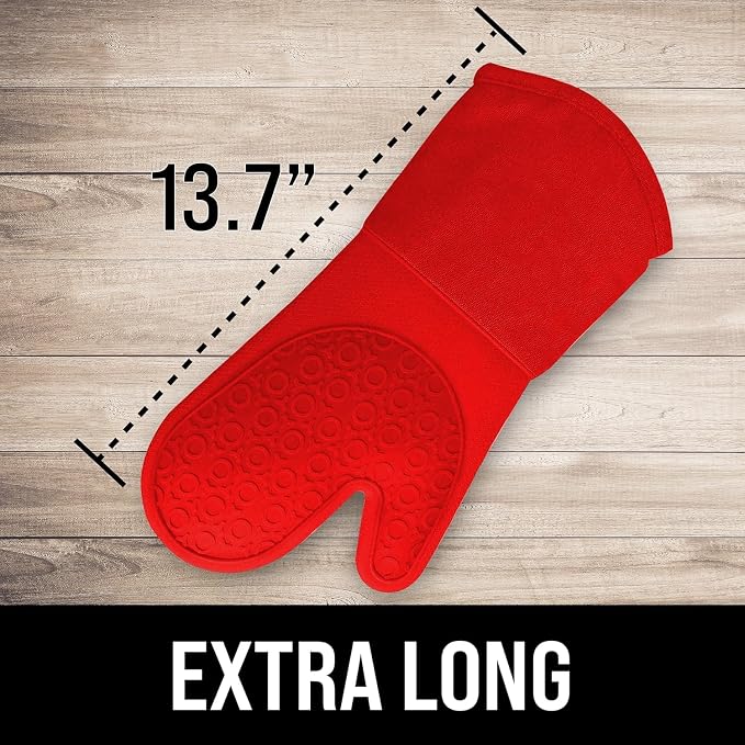 BPA-Free Silicone Oven Mitts Ultra Heat Resistant up to 500°F - Oven Mitts with Thick Cotton Liner - Long Slip Resistant Pot Holders, Flexible Oven Gloves - Canyon Red 13.7