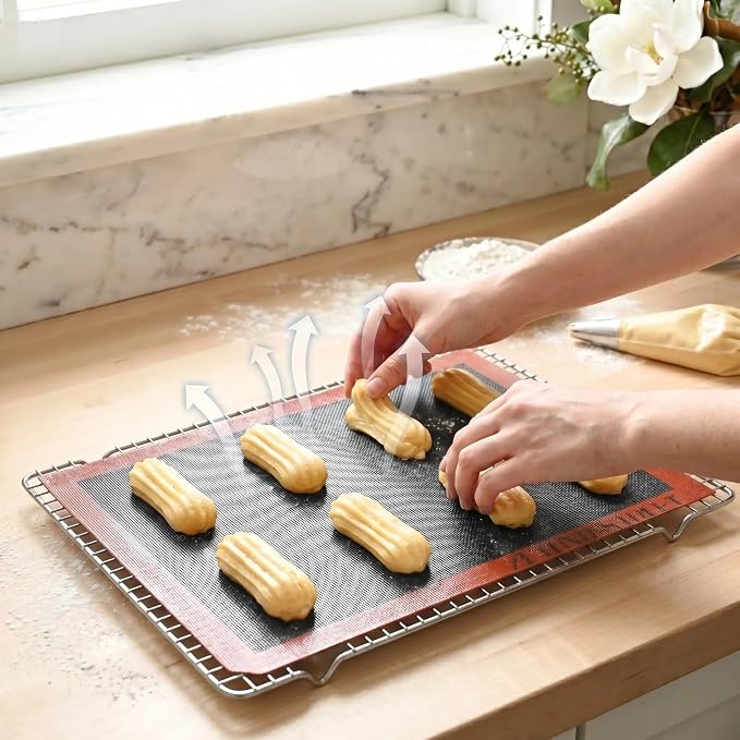 Perforated Silicone Baking Mats - Eclair Mat, Full Sheet 15x23”, Pack of 10 | Eclair Silicone Baking Mat, Nonstick Reusable Breathable Air Mat, Heat Resistant, For Pizza, Pastry, Pie Crust, Sugar Cookie