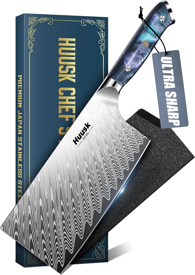 Huusk Stainless Meat Cleaver Knife 7" - Butcher Knife for Meat Cutting with Resin Handle, Heavy Duty Vegetable Chopping Knives with Full Tang Blade, Japanese High Carbon Steel, Gift Idea for Men Women