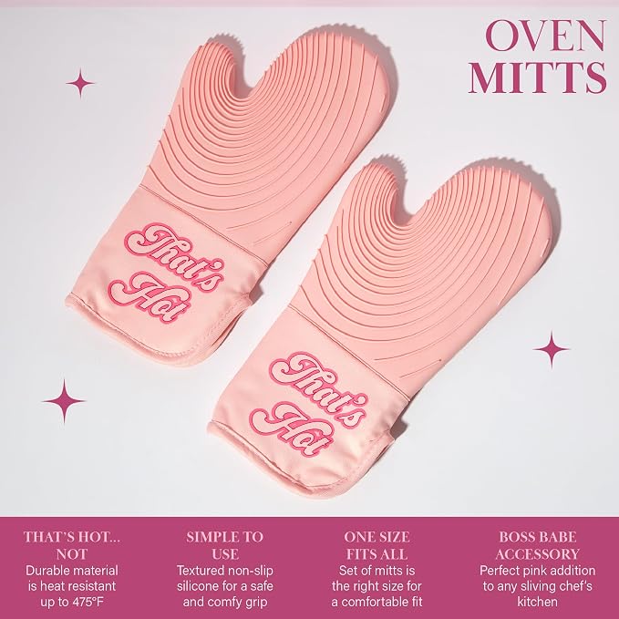 Paris Hilton Oven Mitt Set with Iconic That's HOT Design,Heat Resistant Pot Holders Featuring Non-Slip Textured Silicone Grips,2-Piece Set,Pink,(Pack of 12)