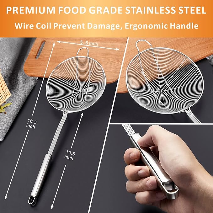 Yimi 16.5 Inch Spider Strainer | Stainless Steel Kitchen Cooking Skimmer with Double Hook Long Handle | Spiral Wire Spoon Ladle with Reinforced Double Coil for Cooking and Frying, Ideal for Gift