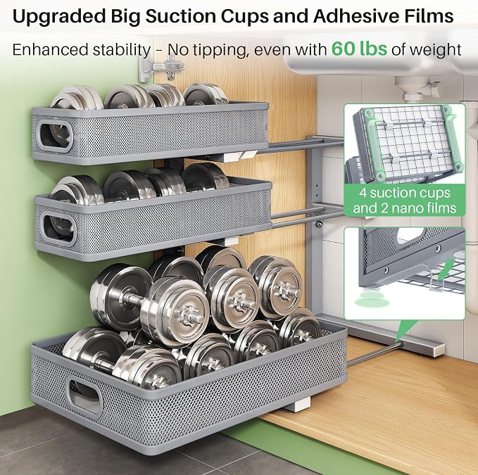 Kitstorack Under Sink Organizer, 2-Pack 3-Tier Height Adjustable Thickened Metal Pull out Cabinet Organizer Shelf, Slide out Storage Drawer Rack for Bathroom Kitchen Pantry Home Organization, Grey