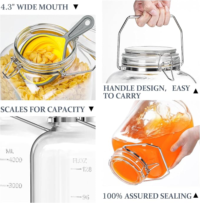 Folinstall 1.5 Gallon Glass Jar with Lid, Wide Mouth Mason Jars, 2PCS | Airtight Lid & Stainless Handle, 4.3" Large Opening, 2 Measurement Marks, BPA-Free, Glass Storage Containers, Dishwasher Safe