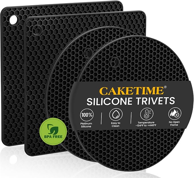 Silicone Trivets for Hot Dishes, Non-Slip Hot Pads for Kitchen Countertop Protector, Heat Resistant Mat for Hot Pots and Pans 4-Pack Food Grade Silicone Black