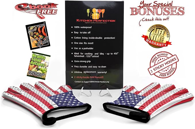Kitchen perfection XL Silicone Smoker Oven Gloves-Extreme Heat Resistant BBQ Gloves-Handle Hot Food Right on Your Grill Fryer&Pit|Waterproof Grilling Cooking Baking Mitts|Superior Value Set+3 Bonuses