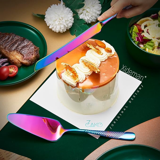 Xideman® 7-Piece Premium Hammered 18/10 Stainless Steel Silverware Serving Utensil Set - Iridescent Hostess Serveware Set with Cake Knife & Cake Server for Parties, Catering, Kitchen, Buffet (Rainbow)