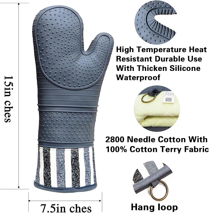 Heat Resistant 550 Degree Oven mitt, Silicone Oven Hot Mitts - 1 Pair, Extra Long Professional Baking Oven Gloves - Food Safe,Pot Holders Cooking,Grilling,Kitchen (Grey Mittens)