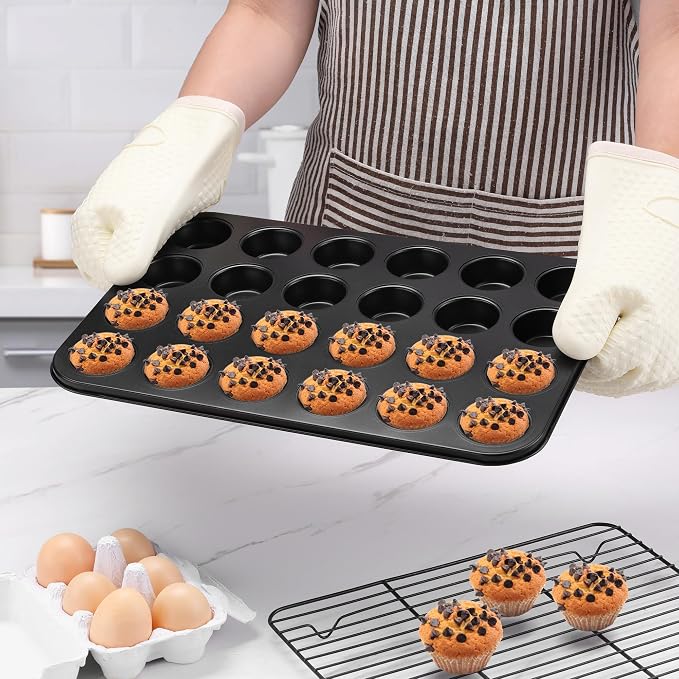 E-far 24-Cup Mini Muffin Pan, 4-Pack Nonstick Carbon Steel Cupcake Pans | Muffin Tins for Baking Mini Muffins & Cupcakes, Warp-Free for Even Baking & Easy Release, Oven Safe