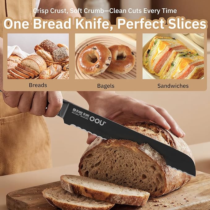 OOU® Black Blade 8 Inch Bread Knife with AgShield™ & Cerablack™ Technology, Rust-Resistant & Easy-Clean Finish, Serrated Edge for Sourdough, Bagels & Cake