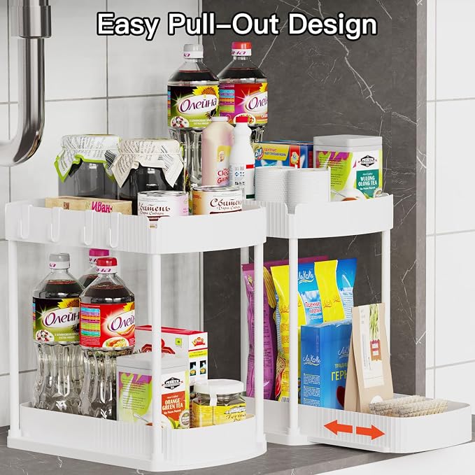 2 Packs Under Sink Pull-Out Storage Organizers, 12.8 Inches, White | Multi-Purpose Cabinet Organizers and Storage for Bathroom & Kitchen