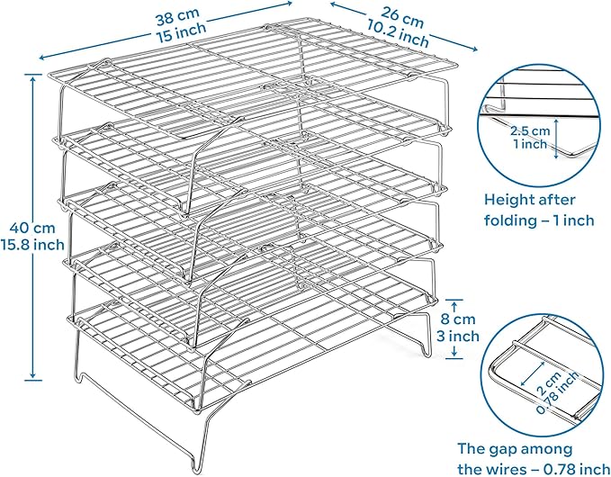 Leonyo 5-Tier 15x10IN Stackable Cooling Racks for Cooking Baking | Stainless Steel Wire Cooking Racks, Collapsible Cookies Cooling Racks for Pizza with Raised Legs, Dishwasher Safe