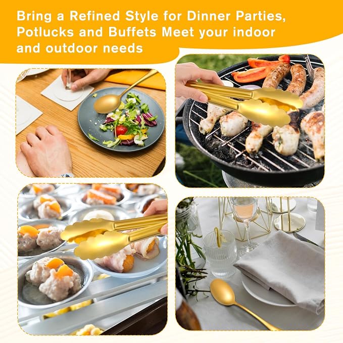12 PCS Gold Stainless Steel Serving Utensils Sets - Large Serving Spoons,Slotted Spoons,Serving Tongs,Appetizer Tongs,Utensils Sets for Buffet Catering Banquet Party (Gold)
