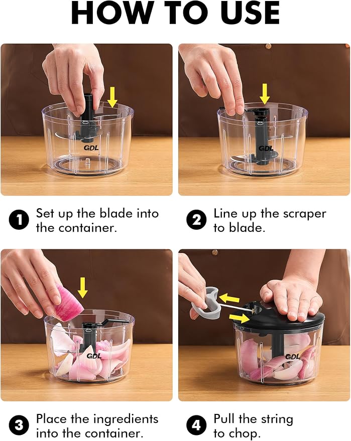 GDL Food Chopper, Pull Onion Chopper Dicer, Hand Powered Food Chopper, Fast Cutting Hand Chopper Mincer for Oinon, Garlic, Nut, 3.4 Cups 0.8L, Black