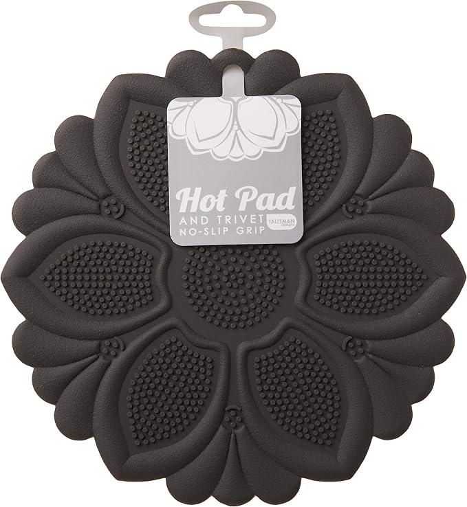 Talisman Designs No-Slip Grip Silicone Hot Pad & Trivet, Surface Protection from Hot Dishes, Up to 500-Degree Heat Resistance, Multipurpose Kitchen Supplies, Black (Set of 1)