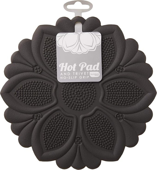 Talisman Designs No-Slip Grip Silicone Hot Pad & Trivet, Surface Protection from Hot Dishes, Up to 500-Degree Heat Resistance, Multipurpose Kitchen Supplies, Black (Set of 1)