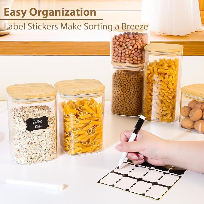 37oz(1.2Qt) Square Glass Storage Containers with Bamboo Lids – 4 Pack Clear Food Airtight Glass Jars for Pantry Organizers and Storage, Kitchen Dry Food, Coffee, Sugar, Flour, Snacks, Spices