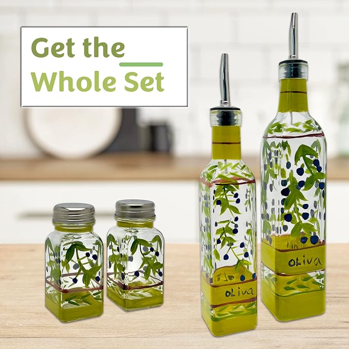 Hand Painted Glass Oliva Branch Oil/Vinegar Glass Cruet for Kitchen, 16 oz Olive Oil Dispenser With Stainless Steel Spout for Easy Pouring