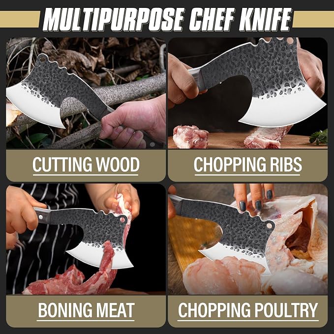 Dream Reach Meat Cleaver Heavy Duty Bone Chopper High Carbon Bone Cutting Knife Hand Forged Butcher Knife with Cover for Kitchen Outdoor BBQ, Christmas Gifts for Men Women