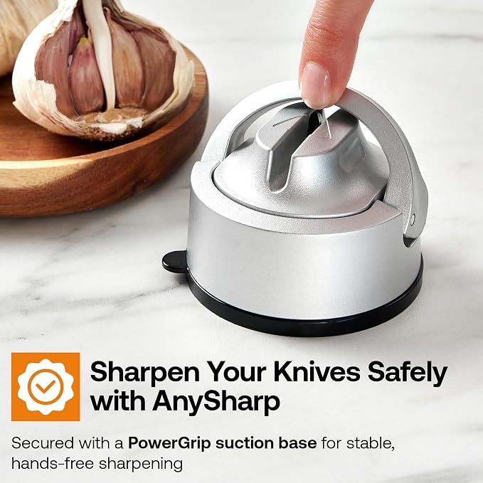 AnySharp – Evo – Hands Free Knife Sharpener - Easy to Use Sharpening Tool with Improved PowerGrip Suction Base and 20-Deg Pre-Set Angle - for All Knives: Chef's, Serrated, and Hardened Steel - Silver