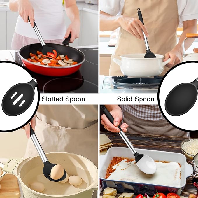 TeamFar Silicone Cooking Spoon, 2 PCS Large Nonstick Kitchen Spoons, Heat-Resistant Solid and Slotted Spoons for Cooking Mixing Serving Stirring, Healthy & Dishwasher Safe, Black