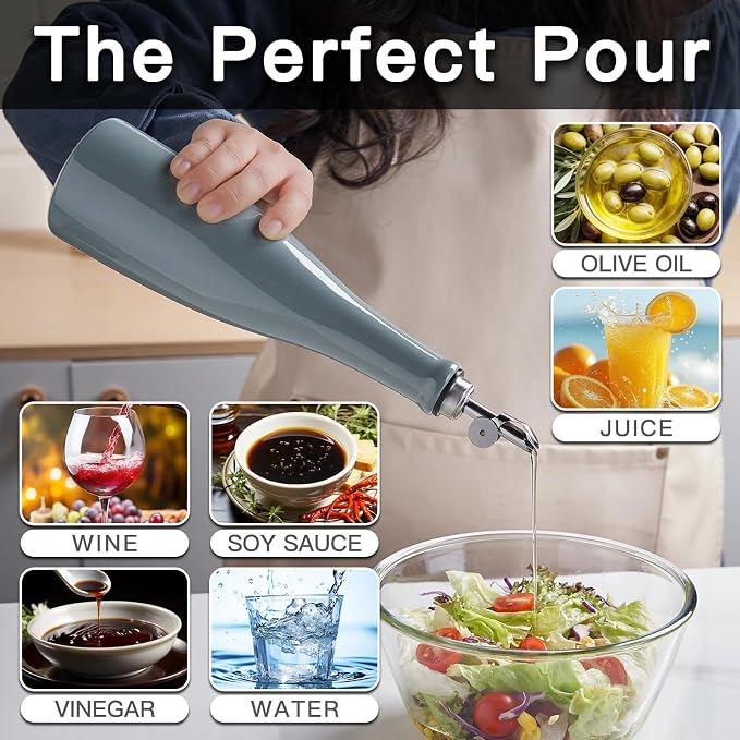 YOLIFE Olive Oil Dispenser Bottle, 15oz Ceramic Oil Dispenser for Kitchen | Oil Bottle with Gravity Spout, Leak Proof EVOO Dispensing Bottle with 2 Spouts and 1 Funnel for Vinegar, Juice(Gray)