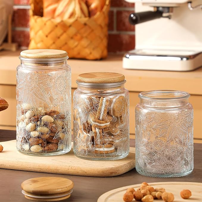 Glass Storage Jars with Airtight Bamboo Lid, 35 FL oz - Decorative Food Canisters for Kitchen Counter, Ideal for Sugar, Coffee, Tea, Candy, Cookies (35oz Large Sunflower)