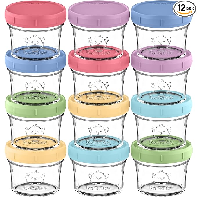 KeaBabies 12pk 4oz Glass Baby Food Containers with Lids, Leak-Proof (Nord) | Microwavable Small Glass Jars, Baby Purees, Toddler Snack Storage Containers, BPA-Free, Dishwasher-safe, Freezer Safe
