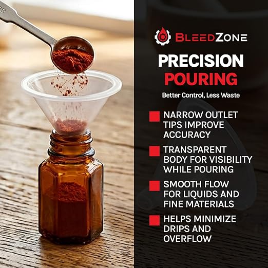 BleedZone Small and Medium Plastic Funnels for Filling Bottles, Small Funnel for Powder, Glitter & Spices, Plastic Funnels for Liquids, Perfume, Essential Oil, Kitchen Funnel Set Clear Durable 2 Pack
