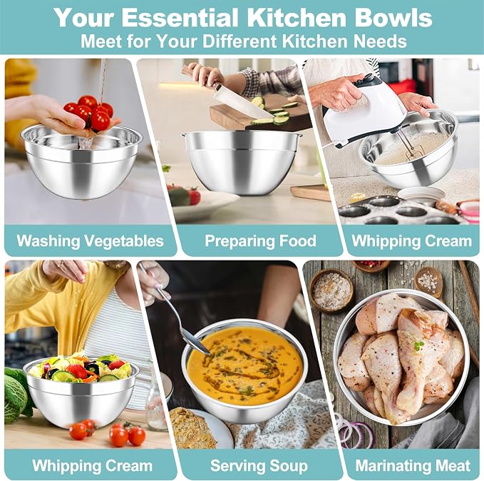 TeamFar Mixing Bowls Set, Stainless Steel Salad Bowl with Lids, Dark Blue | 4.5/3/1.5/1/0.7 QT, Metal Nesting Bowls with Visible Airtight Lids, For Serving/ Mixing/ Storing, Dishwasher Safe, Set of 5