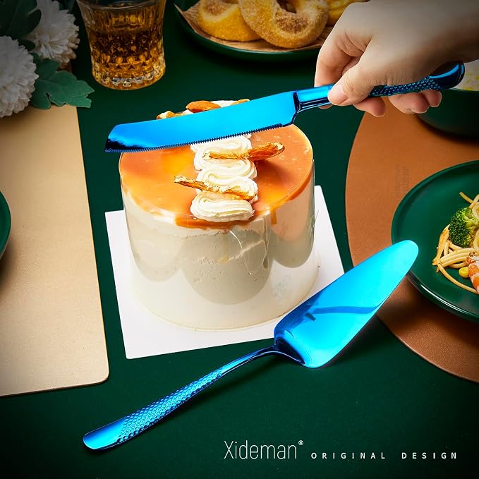 Xideman® 7-Piece Hammered 18/10 Stainless Steel Silverware Serving Utensil Set - Hostess Flatware with Cake Knife & Cake Server (Blue)