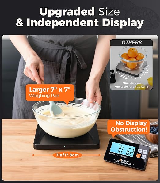 Atogou Wireless Kitchen Scale, 22lb/10kg Food Scale with Detachable Display | 0.01oz/1g Precision, Larger Platform, 9 Units, Counting Function, Stainless Steel, for Cooking, Baking, Shipping, Black