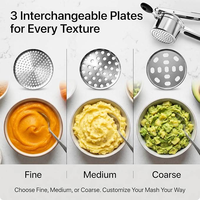 Potato Ricer Stainless Steel, Heavy Duty Ricer for Mashed Potatoes with 3 Discs, Potato Press with Ergonomic Non Slip Handles, Mashed Potato Masher for Vegetables, Fruit, Baby Food