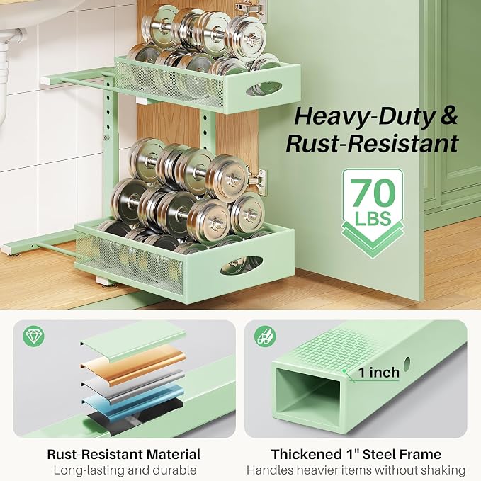Under Sink Organizer, 1-Pack Pull Out Cabinet Organizer 2 Tier Metal Slide Out Storage Shelf Rack, L-Shaped Adjustable Height,Mesh Sliding Drawer for Kitchen, Bathroom, Laundry, Pantry, Green, XL
