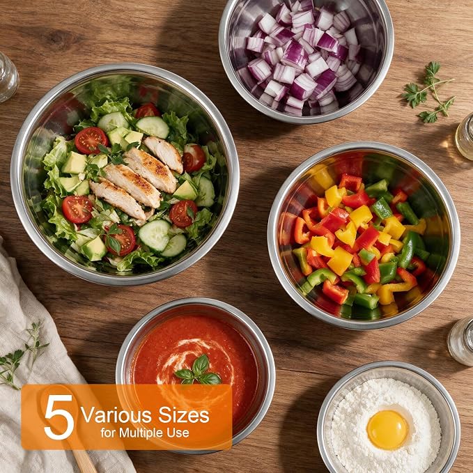 5PCS Stainless Steel Mixing Bowls Set With Non-Slip Silicone Base | 1.5/2/2.5/3.4/5.3Qt, Nesting Space Saving, Heavy Duty, Large Prep Metal Bowl For Mixing Baking, Serving, Kitchen Food Storage