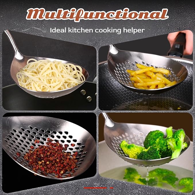 Skimmer Slotted Spoon -16.5" 304 Stainless Steel Pasta Spider Strainer Skimmer Ladle Spoon for Cooking and Frying - Kitchen Metal Scoop Colander Strainer Spoon with Heat Resistant Handle