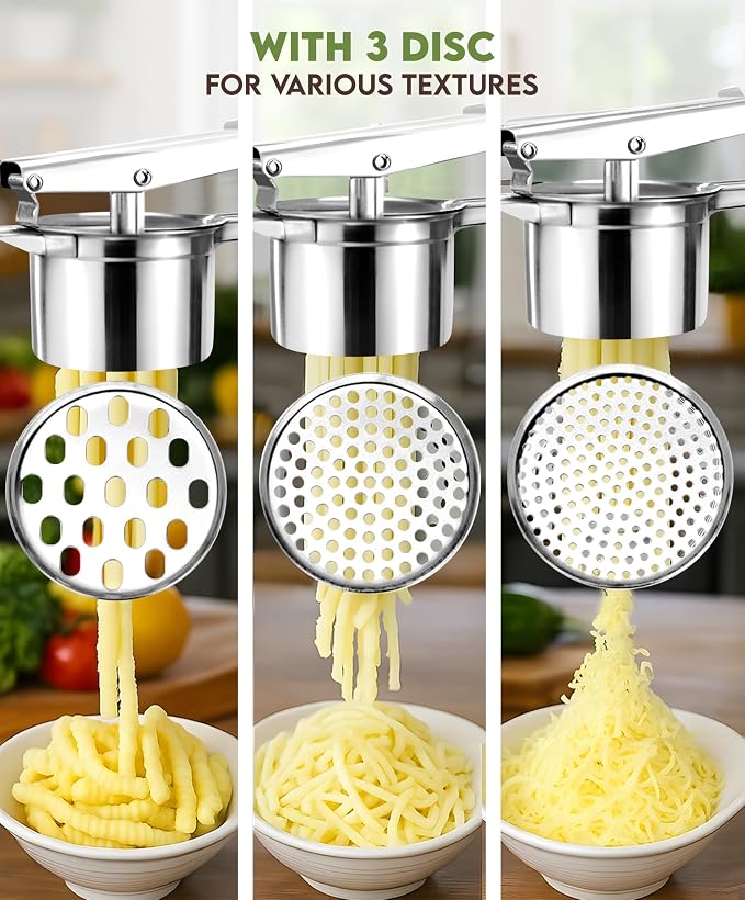 Large 15oz Potato Ricer with 3 Discs - Heavy Duty Stainless Steel Potato Masher and Ricer for Mashed Potatoes | Non Slip Baby Food Squeezer, Kitchen Gadget Tool for Food Press & Food Mill
