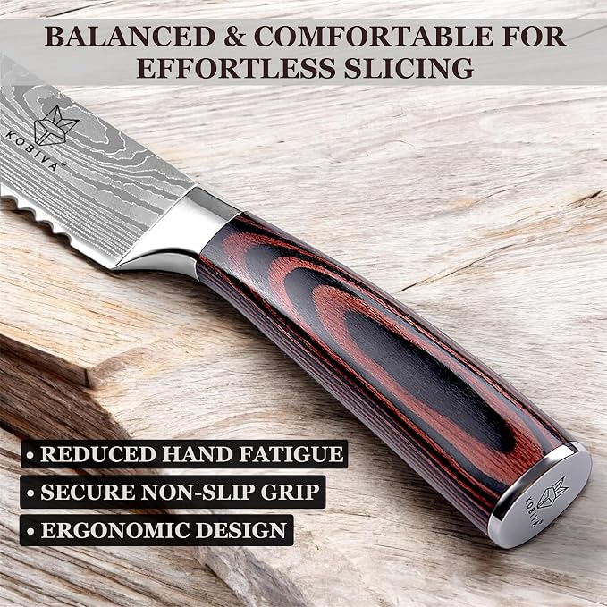 Premium 10-inch Serrated Bread Knife | Razor Sharp Cutter for Homemade Bread, Sourdough & Cake | Elegant Kitchen Essential for Effortless Slicing, Damascus Steel Lasered Pattern | Kitchen Gifts | Ultra-sharp serrated edge for sourdough, bagels, cakes. ...