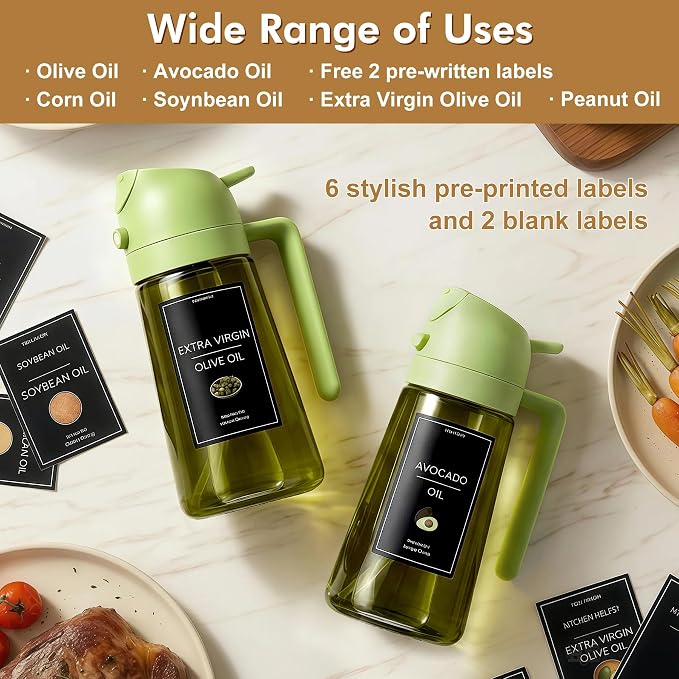 Poshetion 2 in 1 Olive Oil Sprayer for Cooking, 16oz Light-Proof Oil Dispenser for Kitchen, Leak-Proof Oil Spray Bottle for Air Fryer, Salad, BBQ, Baking, Grilling - Green & Green