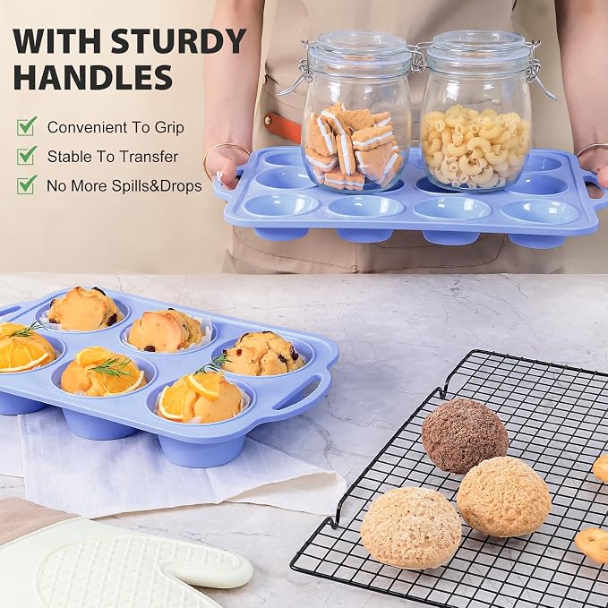 Jumbo Silicone Muffin Pan with Frame, Non Stick Large Cupcake Baking Tin | Silicone Cupcake Pan with Handles 6 Cup, BPA Free Silicon Muffin Tin Tray Extra Large for Baking Egg Bites Mold Vnray Blue