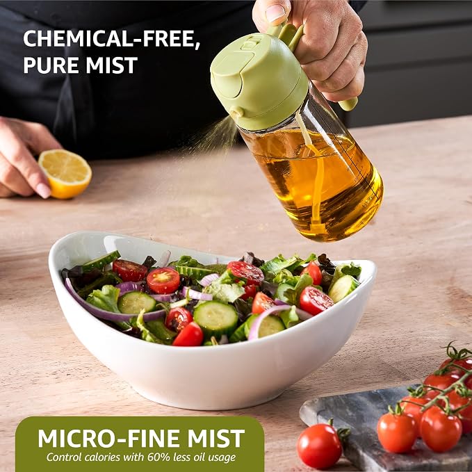 FineDine 16 oz Glass Olive Oil Sprayer for Cooking, Oil Dispenser, Green | Glass 2-in-1 olive oil dispenser bottle, oil dispenser for kitchen, oil spray bottle, mist or stream, anti-drip spout, salads